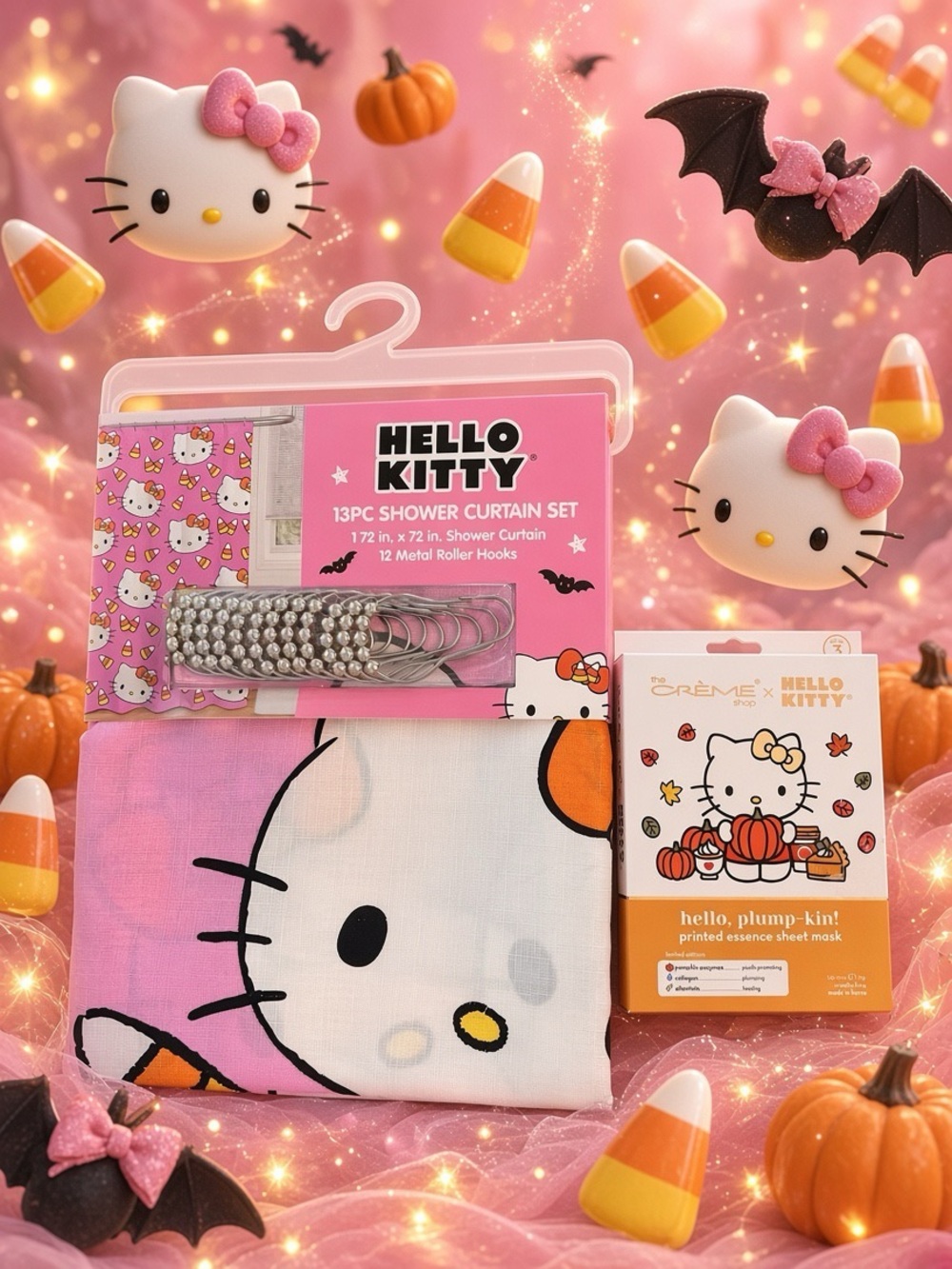 Hello Kitty Halloween Shower Curtain Set and Face mask bundle